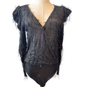 2/$30 Zara Small Black Long Sleeve Fringe Bodysuit Polyester